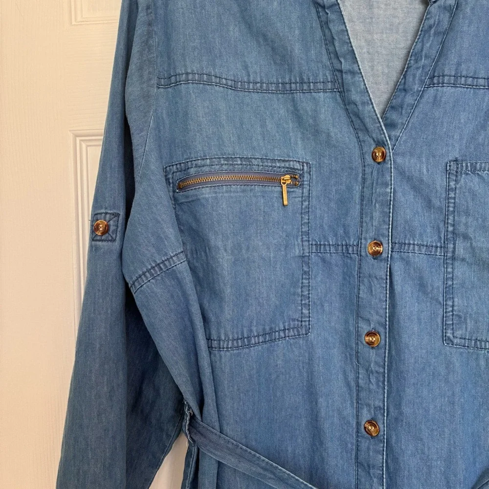 Speed Limit Chambray Dress Womens 1X Plus 3/4 Tan Sleeves Detached Belt Button - Picture 5 of 7